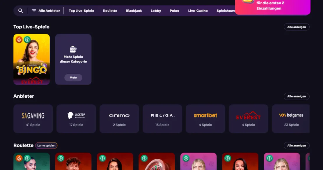 Live-Casino-Bereich von Winspirit mit Spielshows und Roulette
