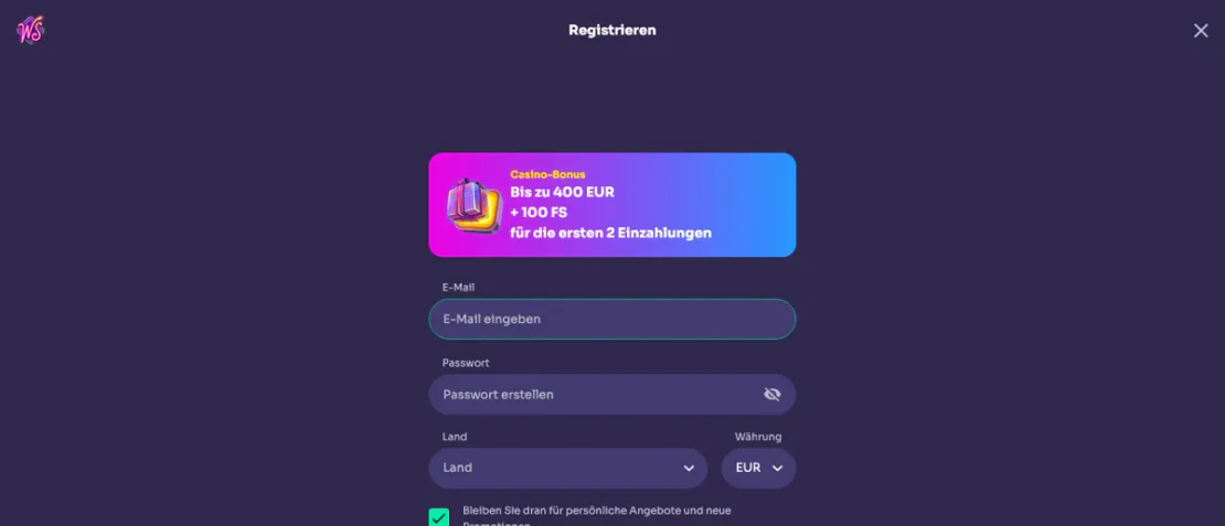 Registrierungsformular bei Winspirit mit Kontowährung EUR