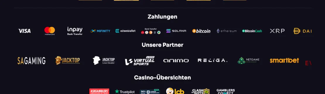 Zahlungsmethoden und Partner im Footer von Winspirit